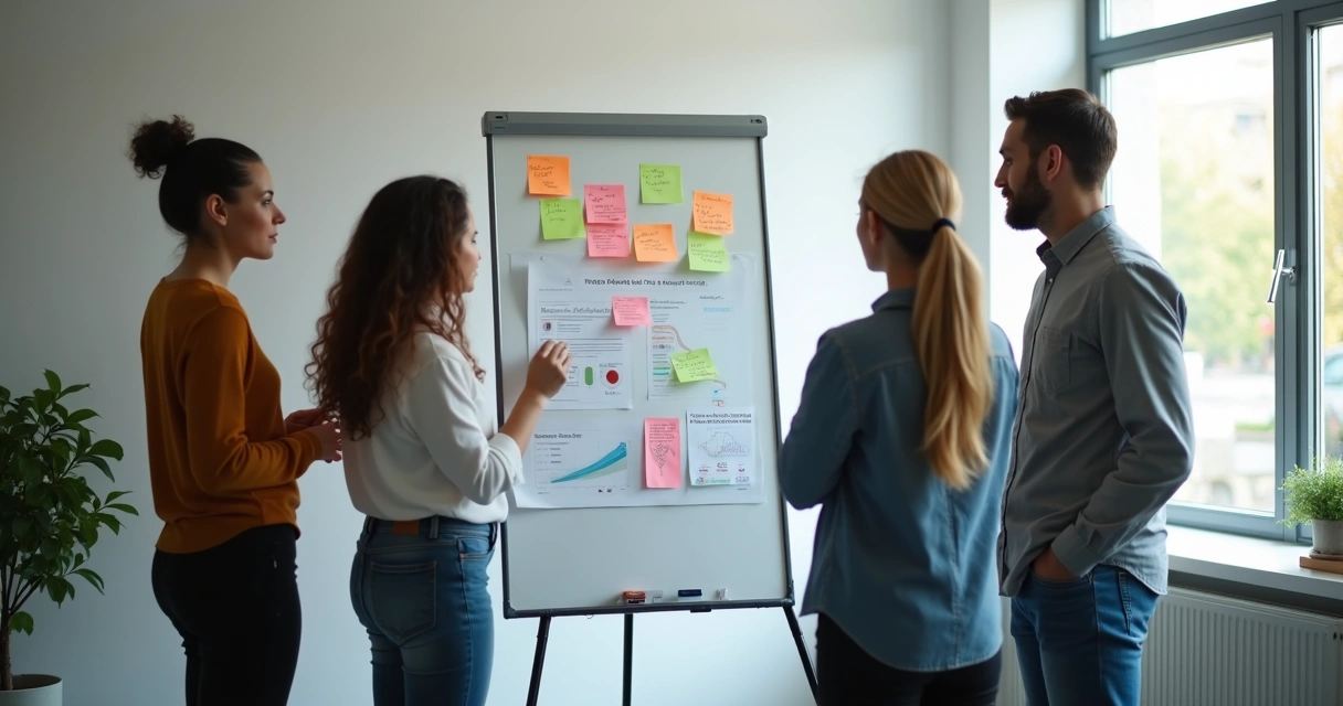 Equipe reunida em escritório de contabilidade revisando perfil de cliente ideal em quadro branco 