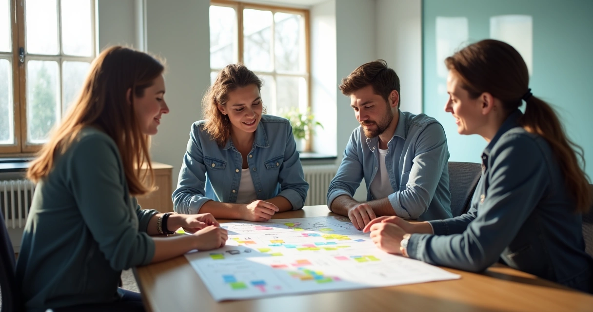 Equipe reunida em sala de reunião discutindo painel de planejamento 