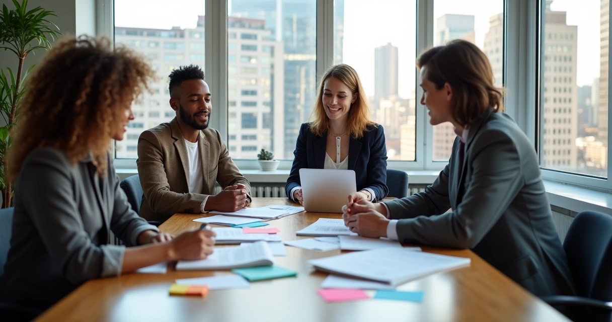 Equipe reunida ao redor de uma mesa discutindo plano de carreira