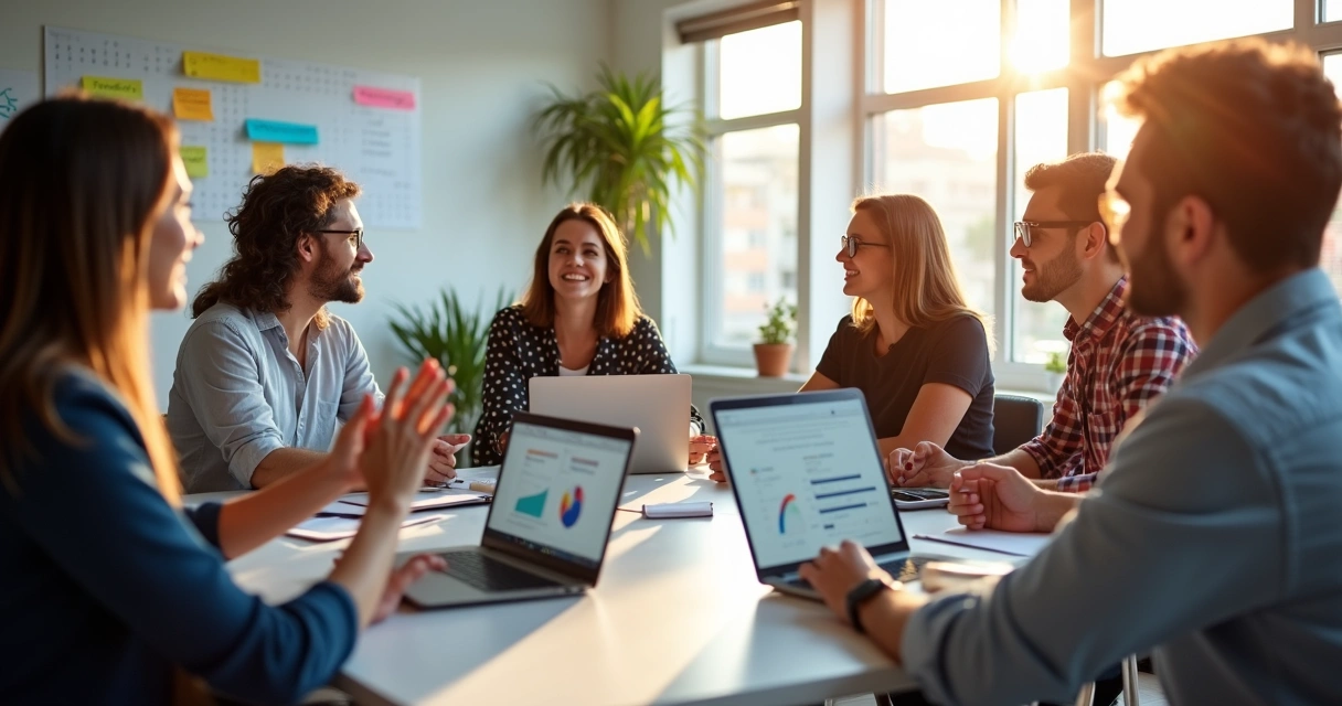Equipe de pequena empresa discutindo ideias diferentes em uma reunião 