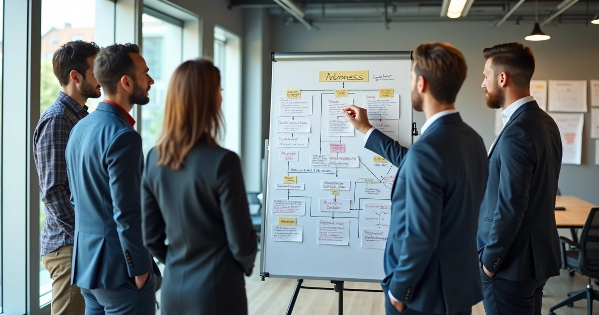 Equipes de pequena empresa analisando processo em quadro branco 