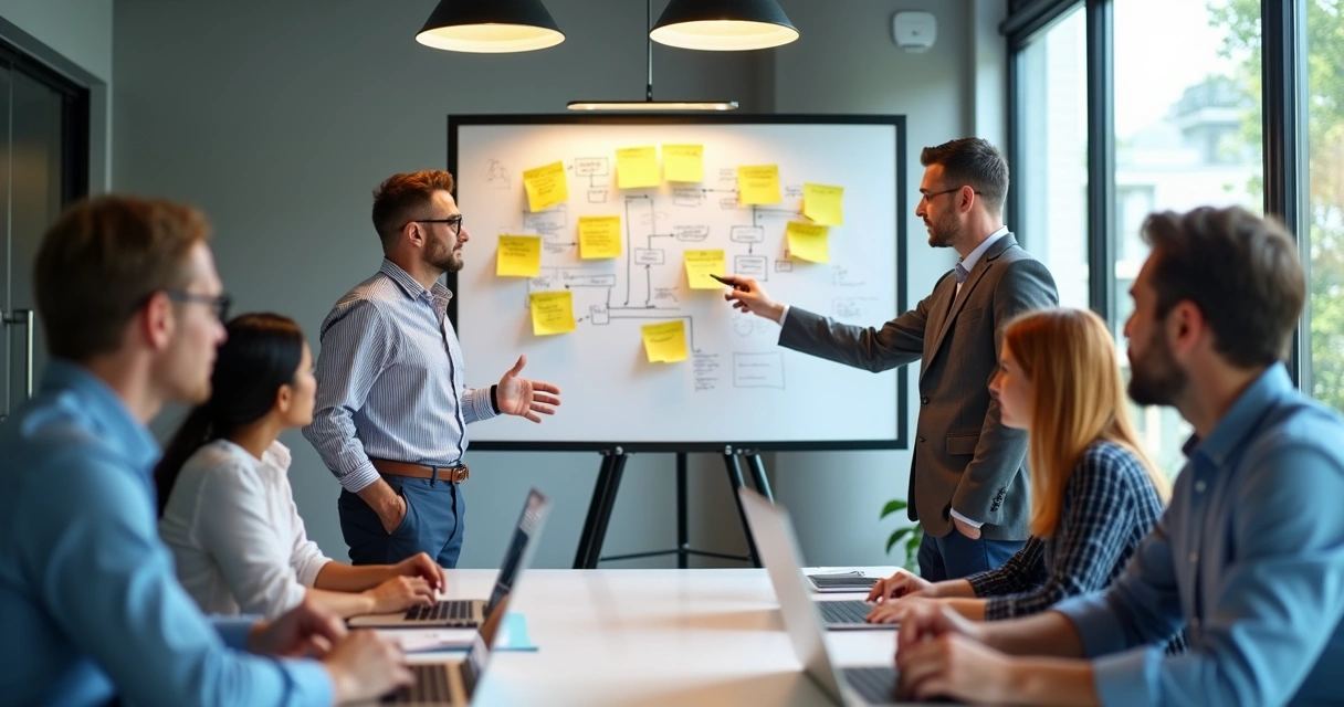 Equipe de trabalho discutindo otimização de processos usando quadro branco e computadores 