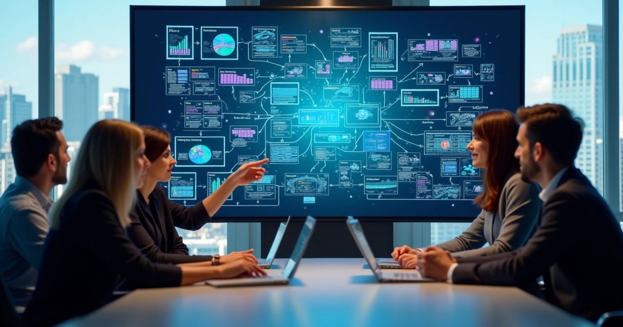 Equipe reunida analisando fluxos de dados em painel digital 