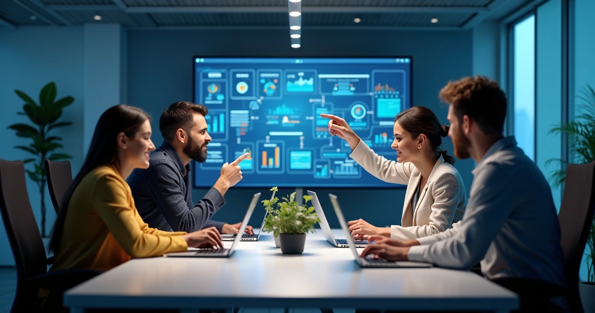 Grupo de colaboradores analisando gráficos de processos automatizados com IA 