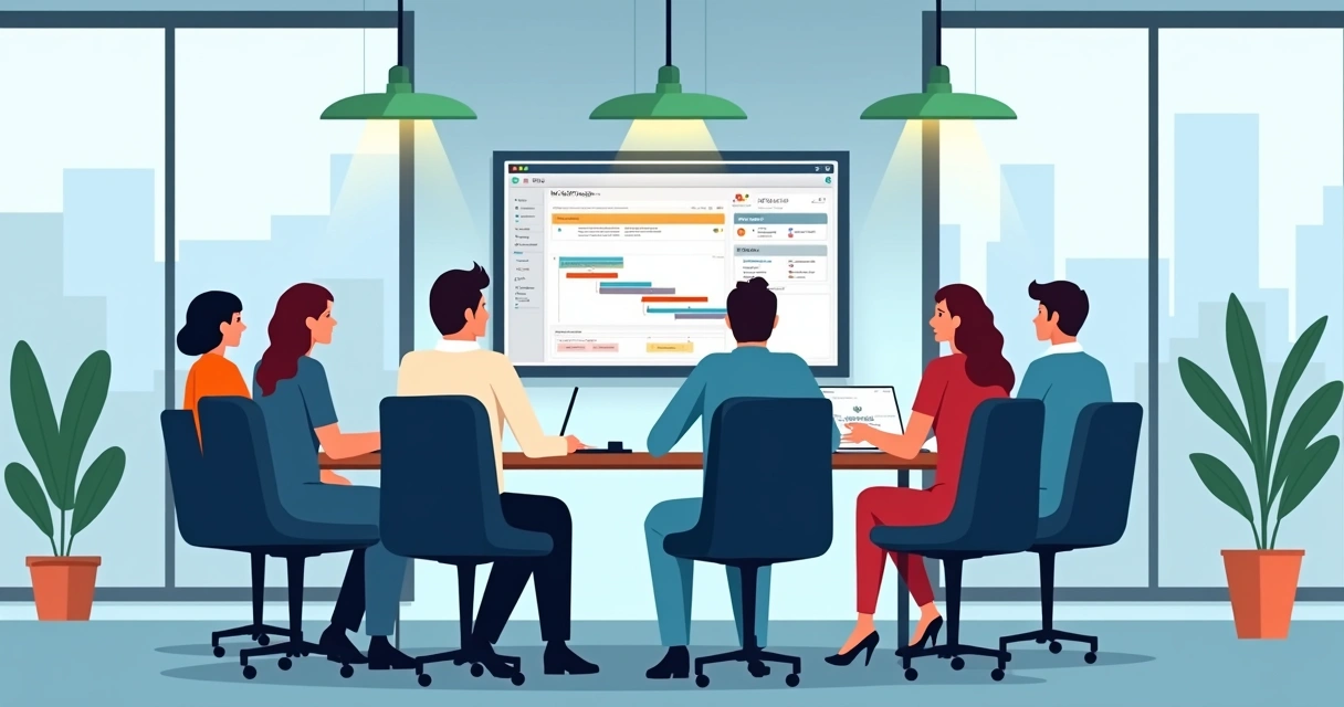 Equipe discutindo prioridades em uma sala de reunião 