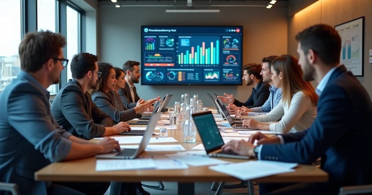 Profissionais analisando painéis e gráficos em reunião empresarial 