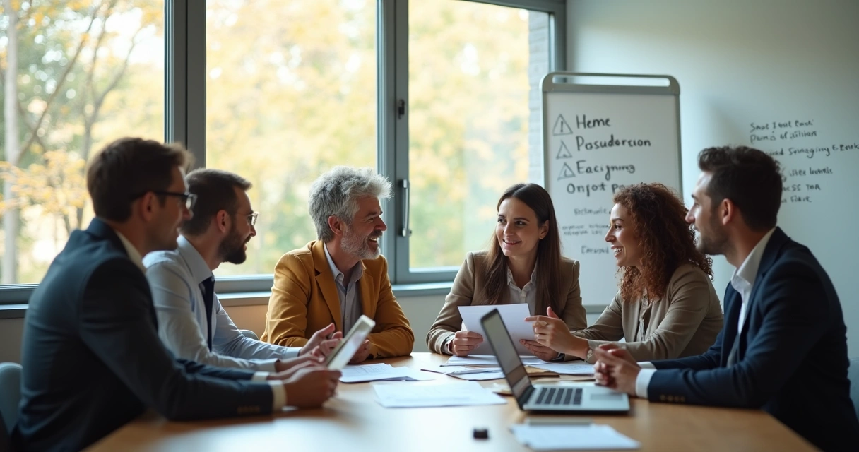 Equipe reunida ao redor de uma mesa discutindo ideias 