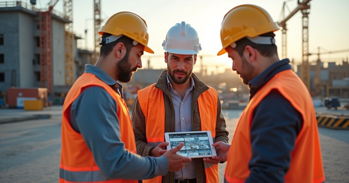 Equipe de engenharia reunida analisando relatório fotográfico automatizado em tablet, canteiro de obras ao fundo.