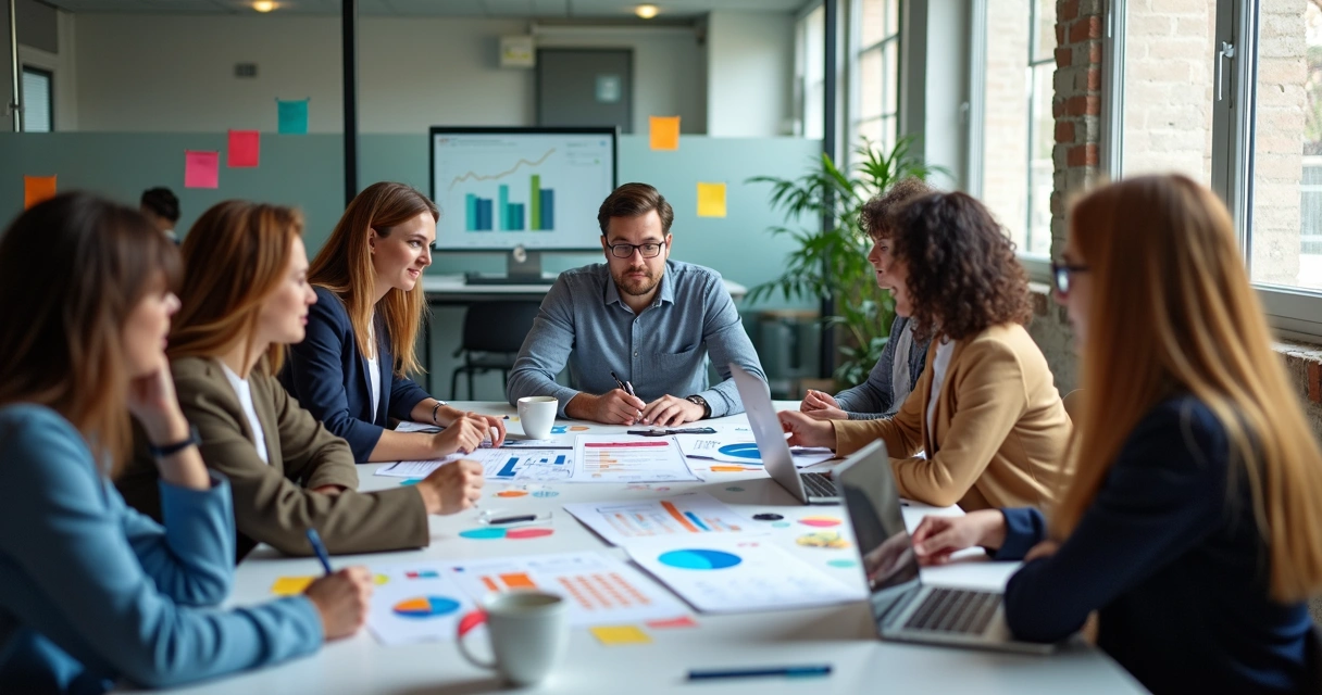 Equipe analisa relatórios de marketing em mesa de reunião 
