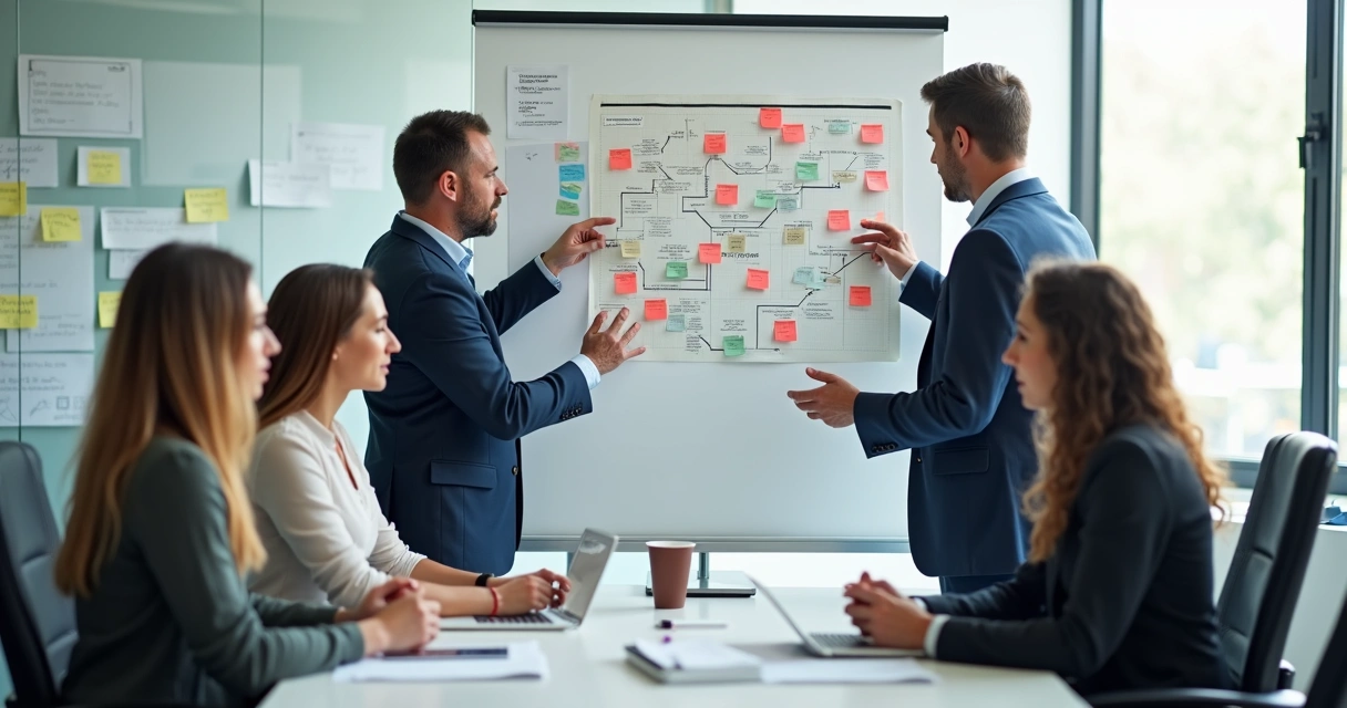 Profissionais em reunião avaliando mapa de processos e indicadores de riscos psicossociais. 