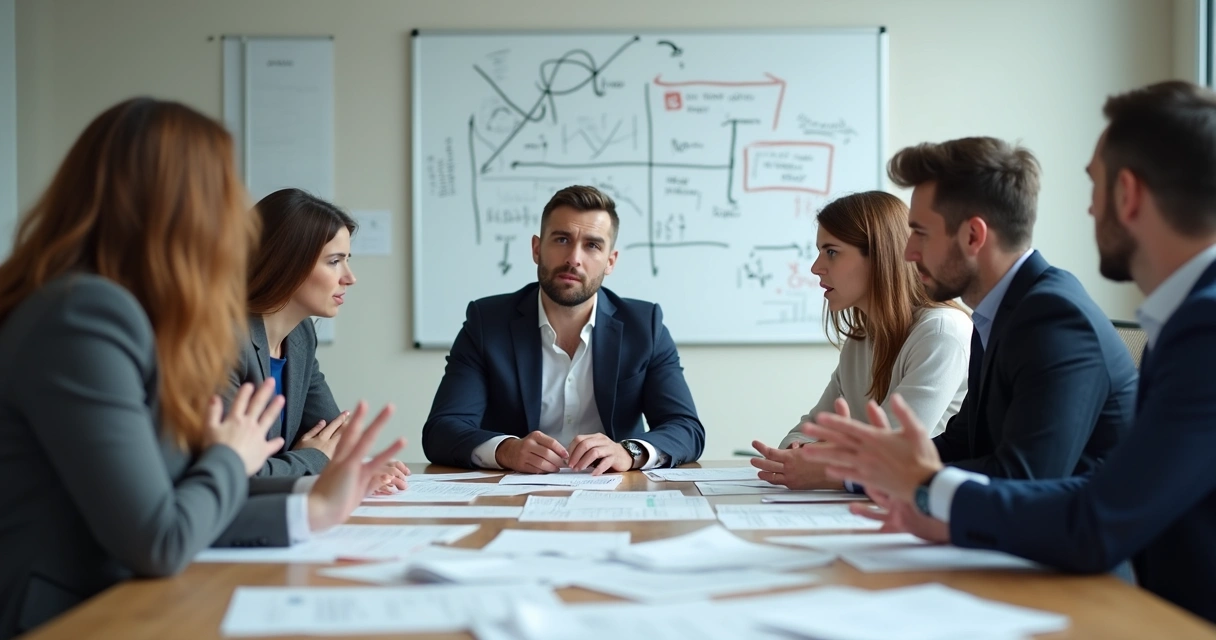 Equipe de trabalho em reunião com expressões confusas, documentos na mesa e quadro com gráficos atrás