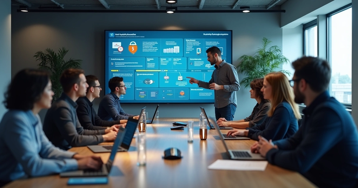 Equipe de desenvolvimento SaaS discutindo implementação de tokenização. 