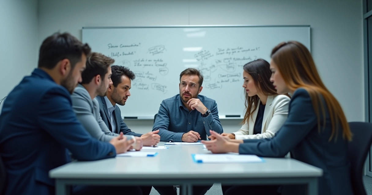 Equipe reunida em reunião discutindo ideias em um escritório