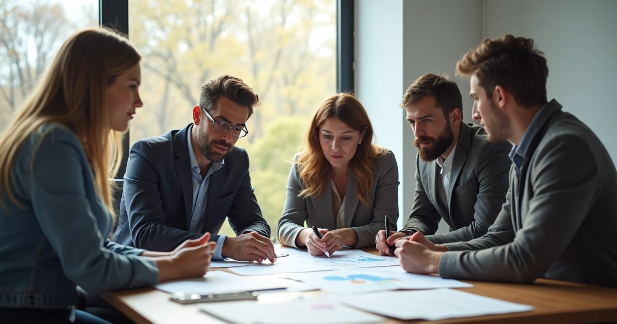 Equipe reunida discutindo solução em escritório moderno 