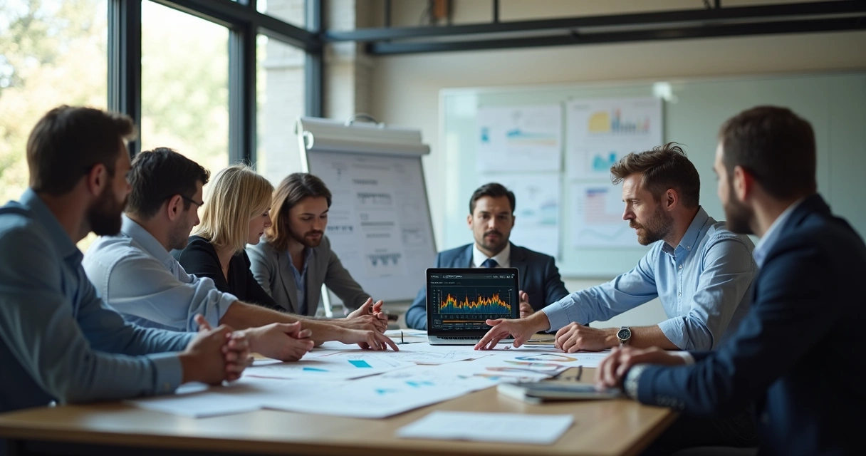 Equipe de pessoas discutindo solução juntos em uma sala de reuniões 