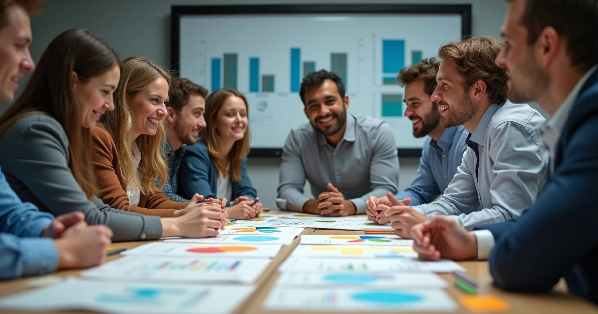 Equipe com postura colaborativa analisando gráficos em reunião 
