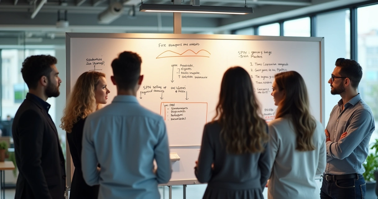 Equipe pequena analisando perguntas em um quadro branco em escritório moderno