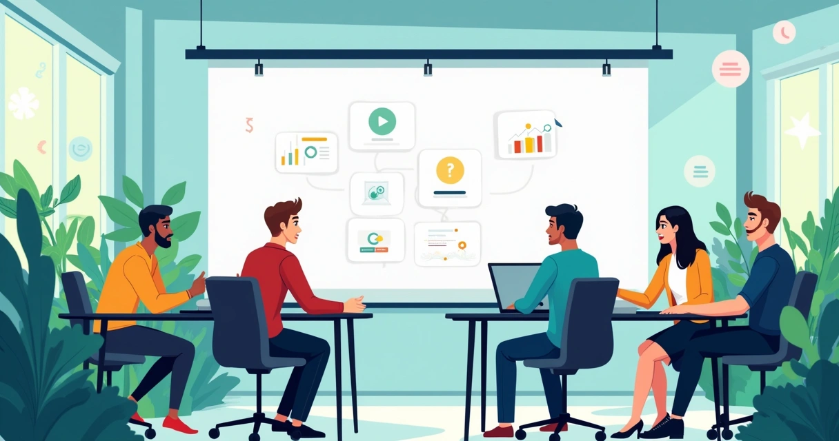 Equipe diversificada em escritório, discutindo novo software de gestão com expressões de curiosidade e colaboração.