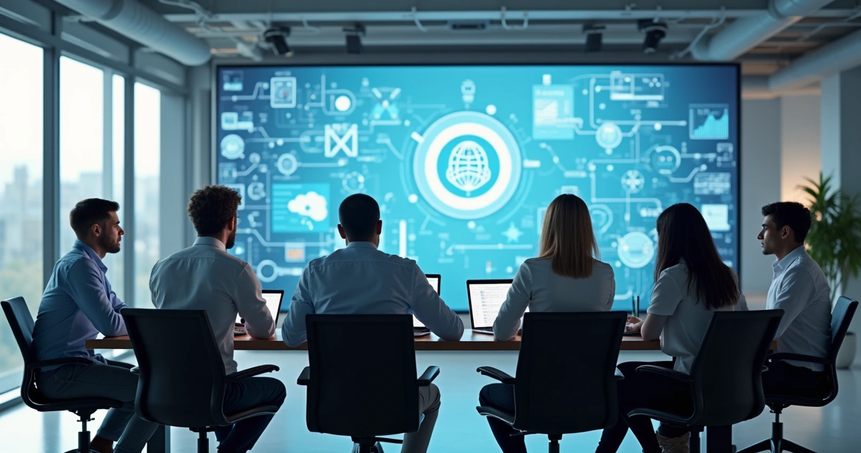 Equipe reunida discutindo tecnologia de inteligência artificial