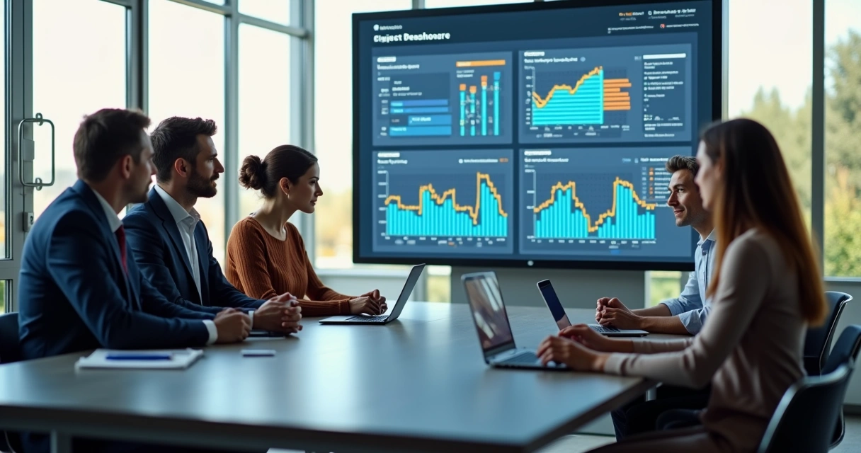 Equipe reunida analisando dados em tela de dashboard colorida 