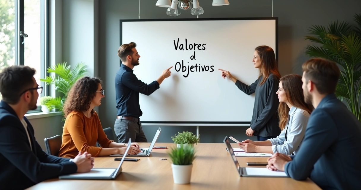 Pessoas reunidas em sala moderna debatendo valores e metas profissionais.