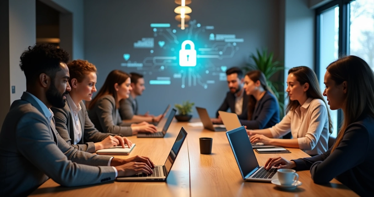 Equipe utilizando diversos dispositivos eletrônicos sobre uma mesa de trabalho 