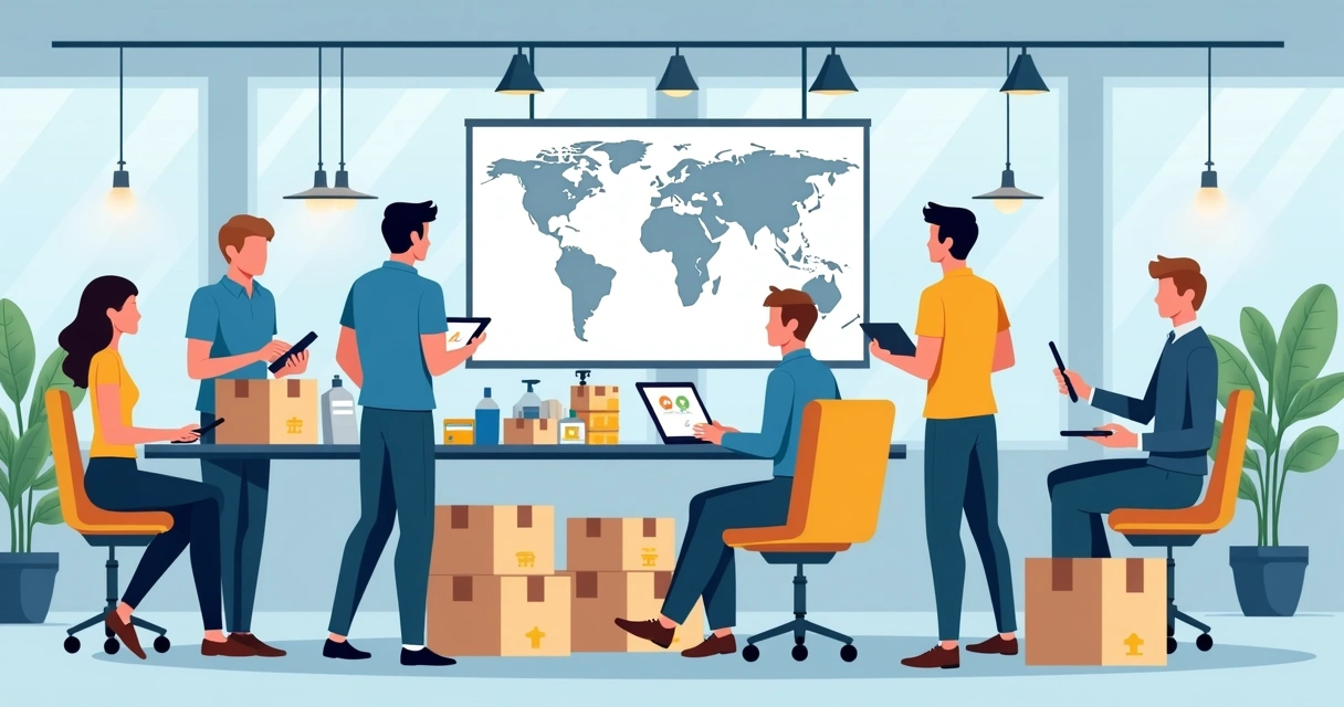 Equipe de distribuidora de higiene usando computadores e tablets em ambiente moderno