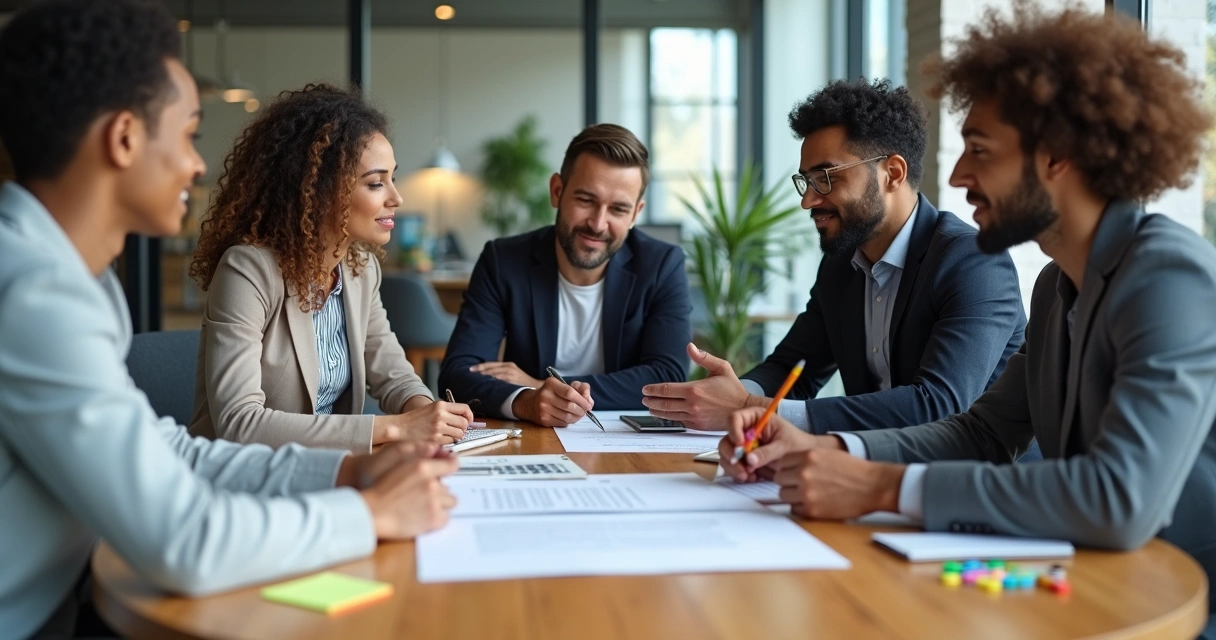 Equipe diversa em reunião assinando um acordo em mesa redonda 