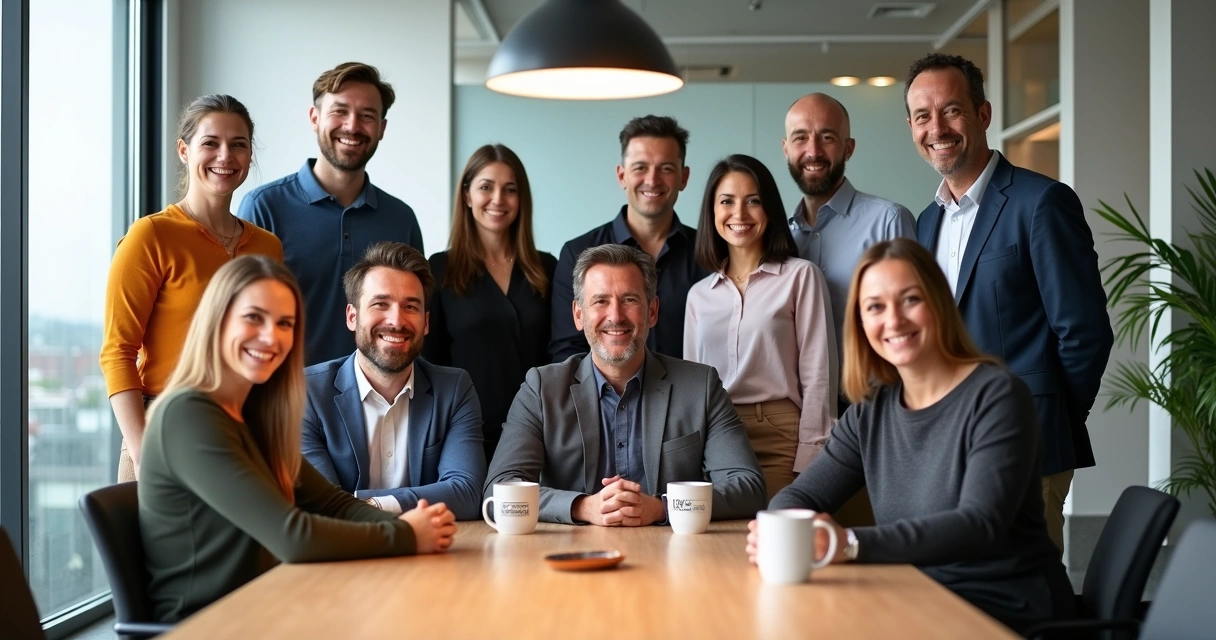 Equipe diversa de profissionais posa em ambiente de escritório moderno com luz natural e elementos personalizados 
