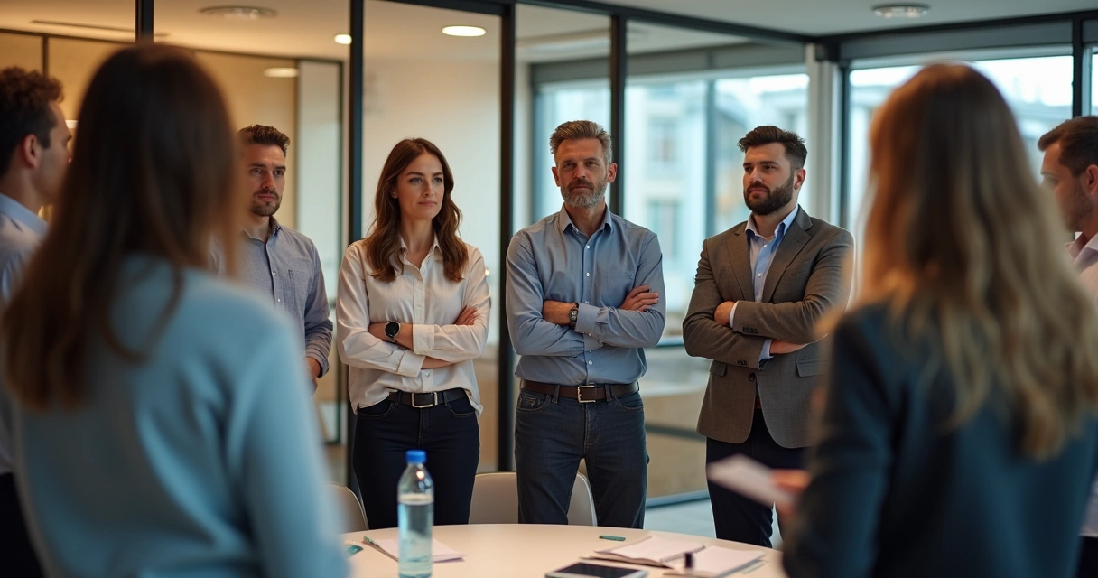 Equipe diversa reunida em círculo, demonstrando emoções variadas durante dinâmica. 