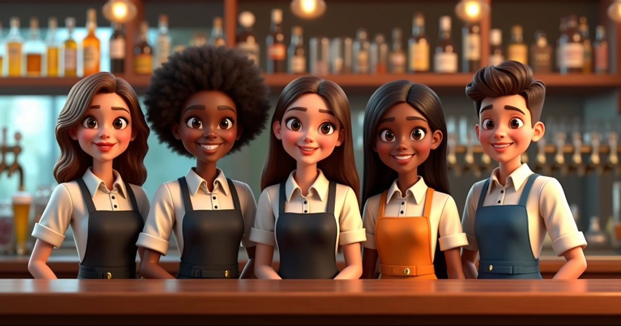 Equipe de bar diversificada atrás de balcão sorrindo