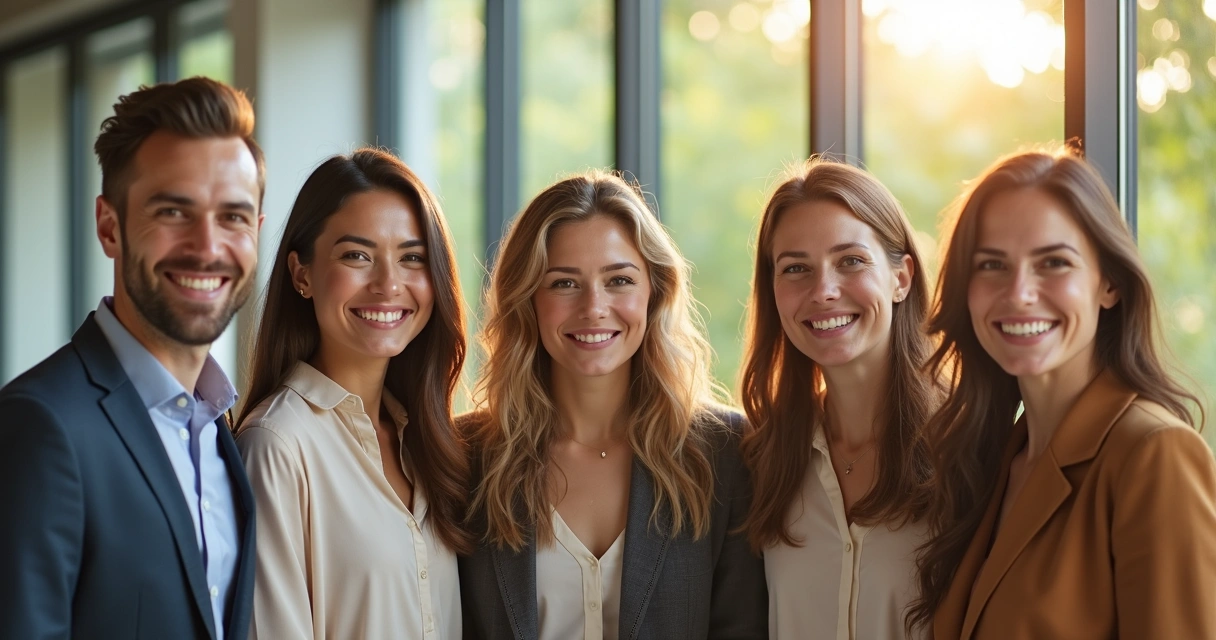 Equipe diversa sorrindo representando bem-estar corporativo 