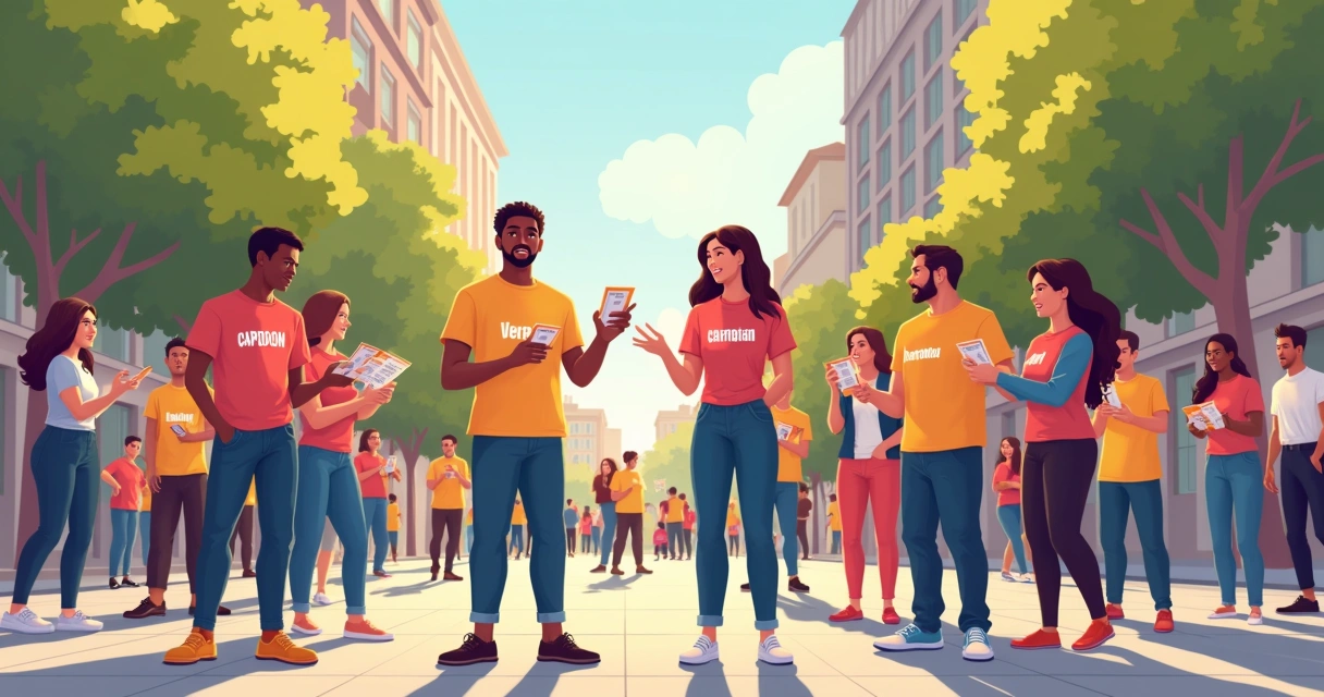 Equipe de rua diversa conversando em praça pública, com materiais de campanha 