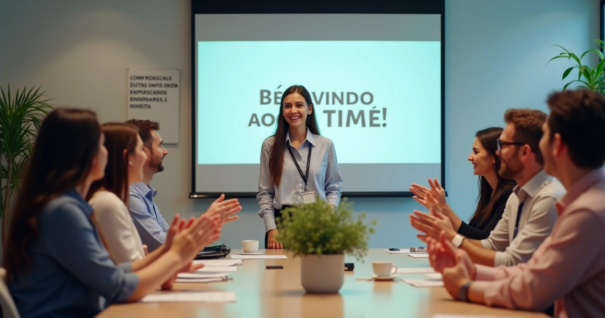 Equipe de escritório diversificada celebrando novo estagiário 