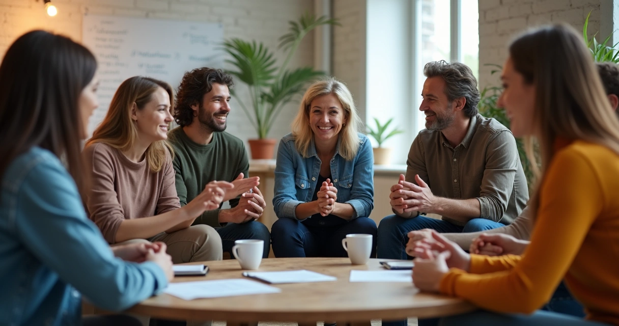 Equipe diversa sentada em círculo discutindo de forma colaborativa