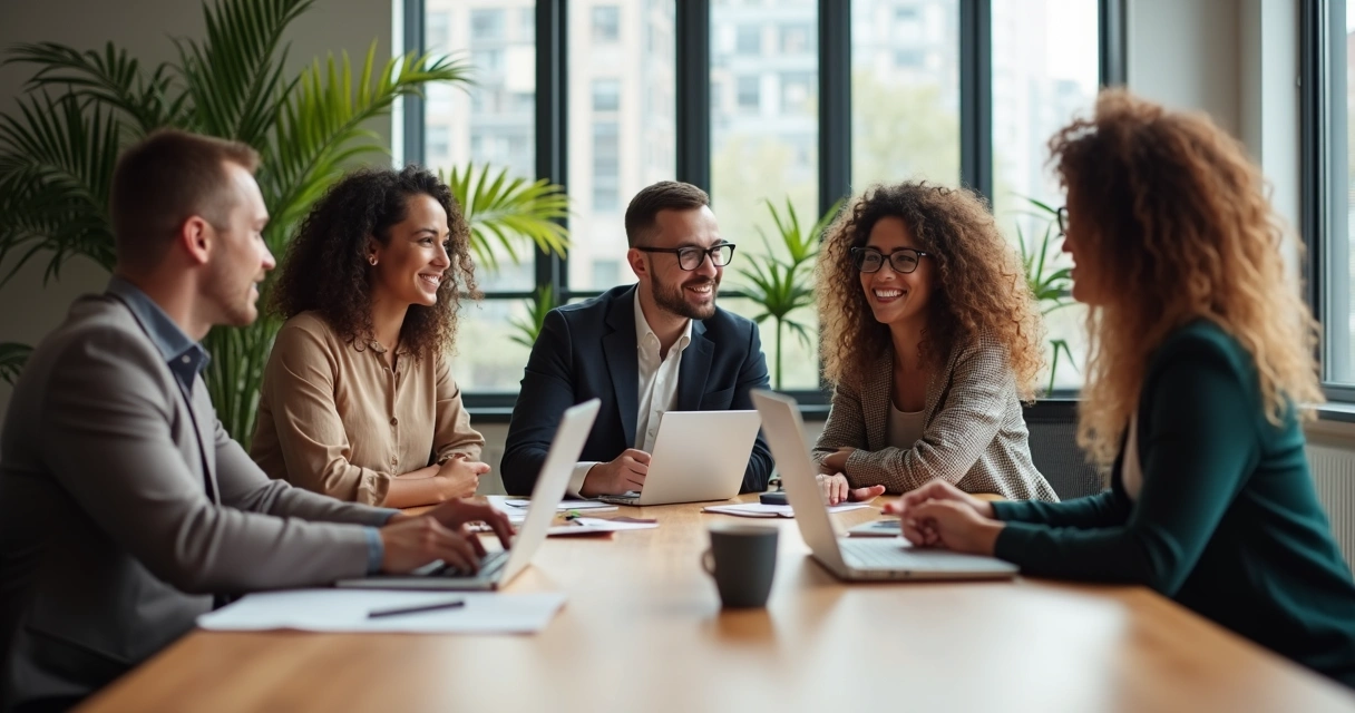 Equipe diversa colaborando em reunião