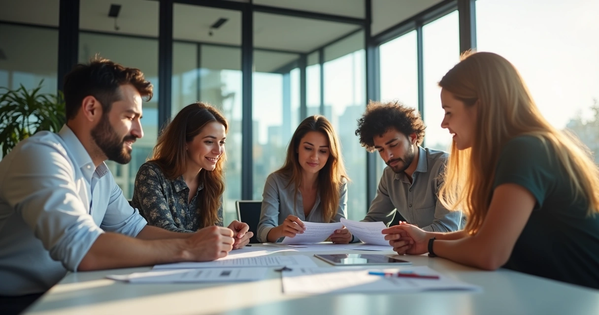 Equipe diversa colaborando em projetos no escritório 