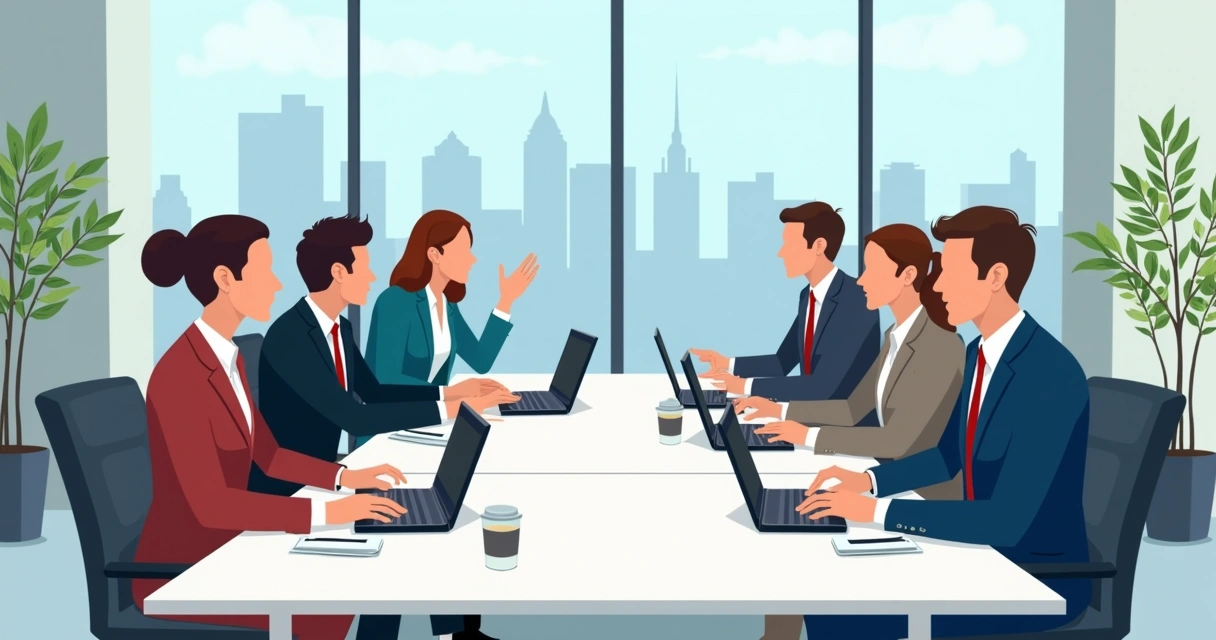 Time diverso conversa ao redor de uma mesa, discutindo pontos em conflito.