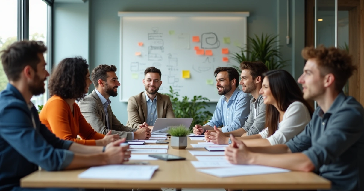Equipe diversa em reunião trocando ideias 
