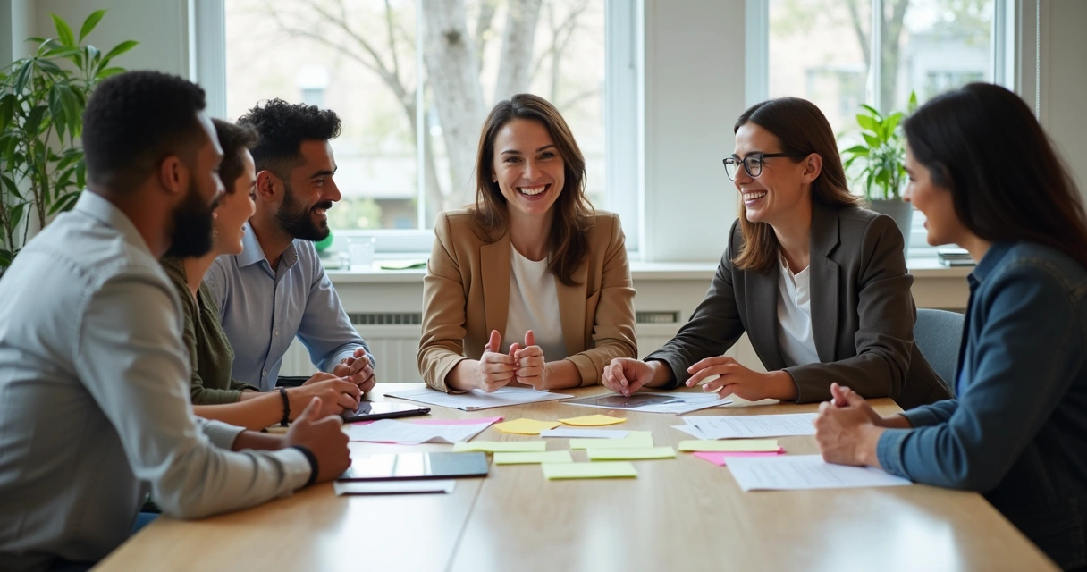 Equipe reunida ao redor de mesa, sorrindo e compartilhando ideias 