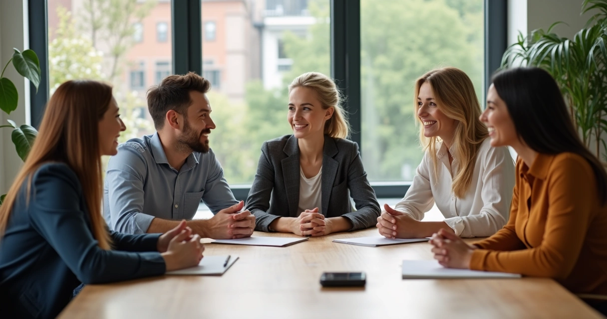 Equipe diversificada dialogando em uma sala de reunião