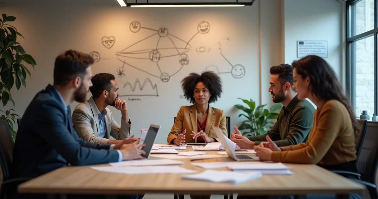 Equipe mista reunida ao redor de uma mesa discutindo um projeto 