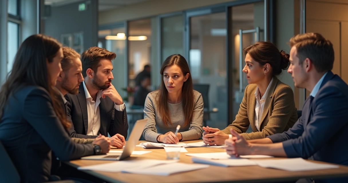 Equipe de trabalho diversa reunida em mesa de escritório 