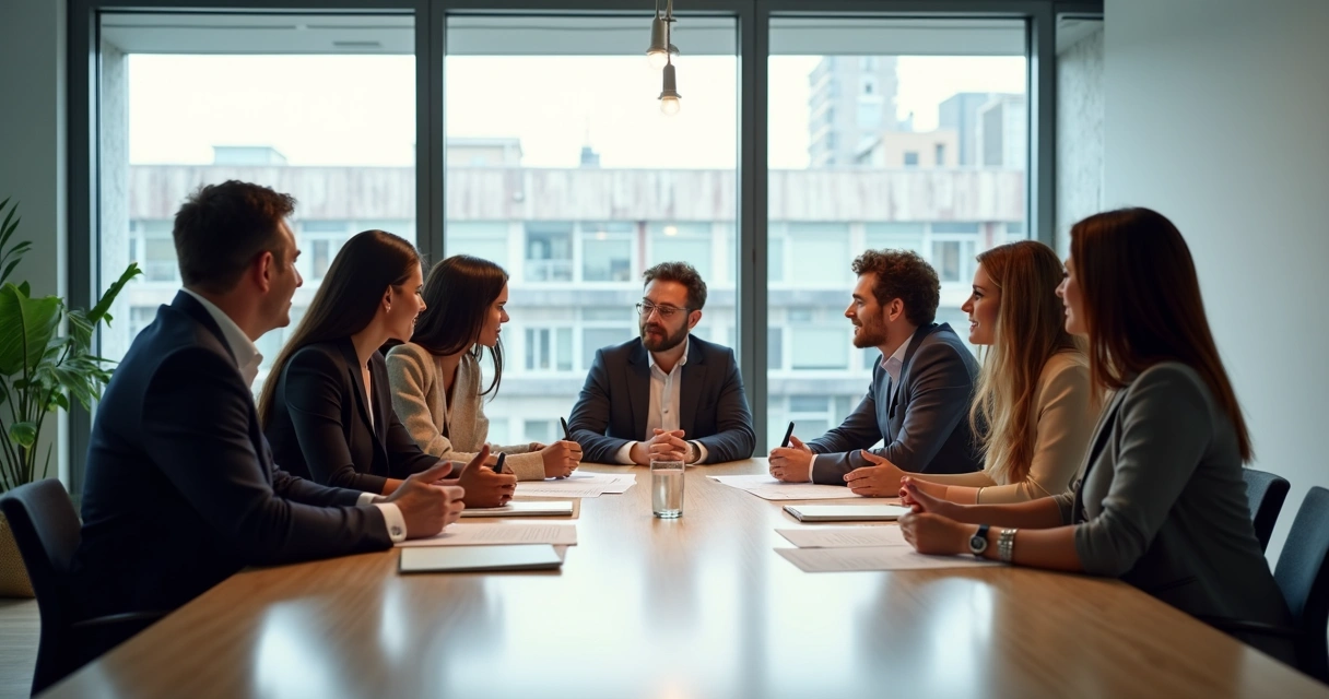 Equipe de pessoas diversas sentadas em volta de mesa realizando reunião