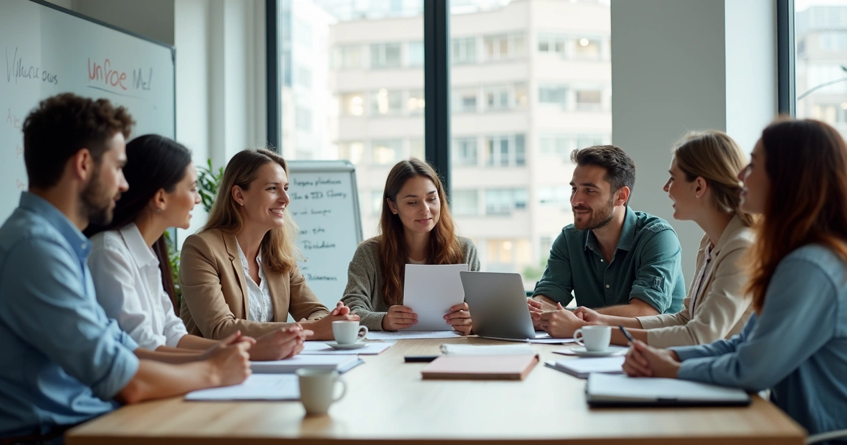 Equipe diversa em reunião em ambiente corporativo 