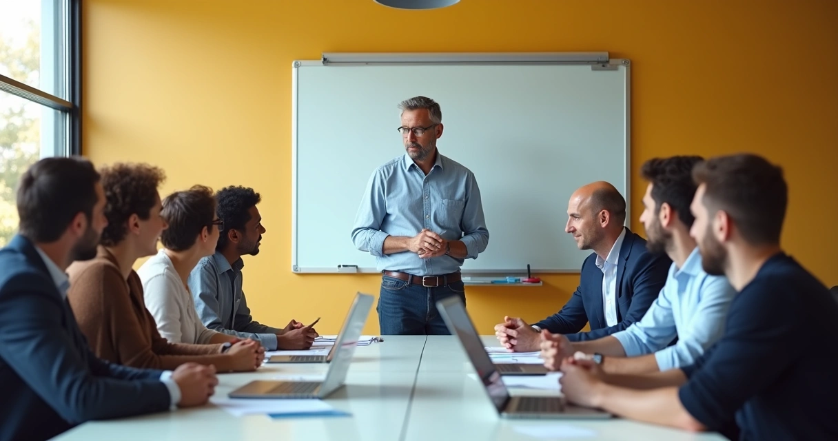 Equipe diversa reunida ao redor de uma mesa, com supervisor orientando
