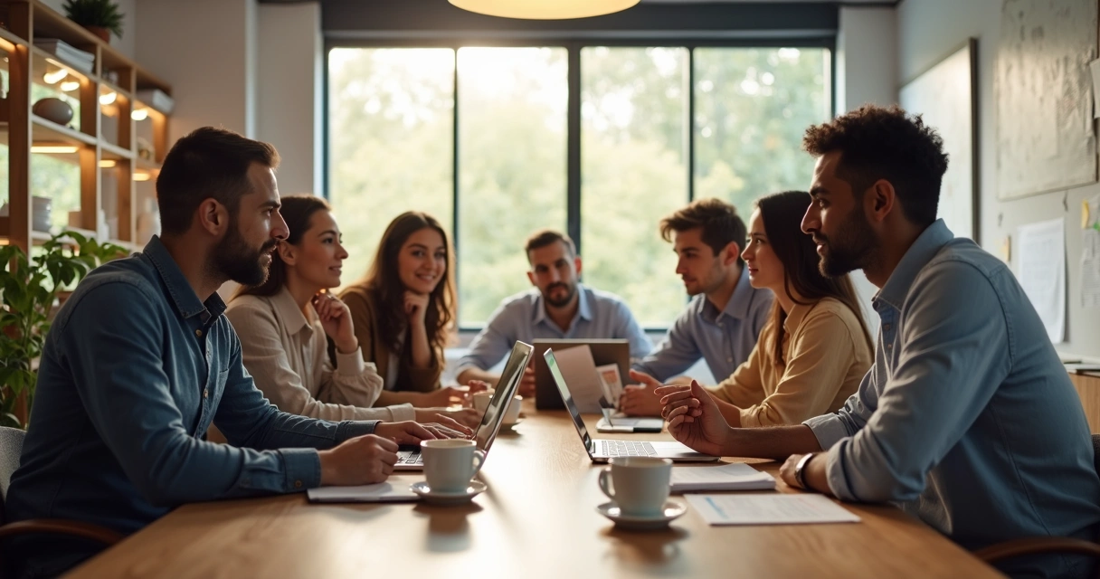 Equipe reunida ao redor de uma mesa discutindo em ambiente moderno 