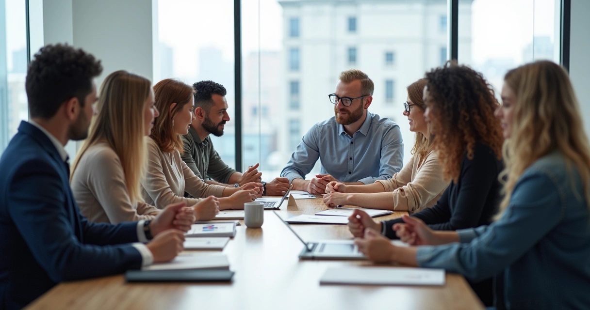 Equipe diversa reunida ao redor de uma mesa discutindo em harmonia 