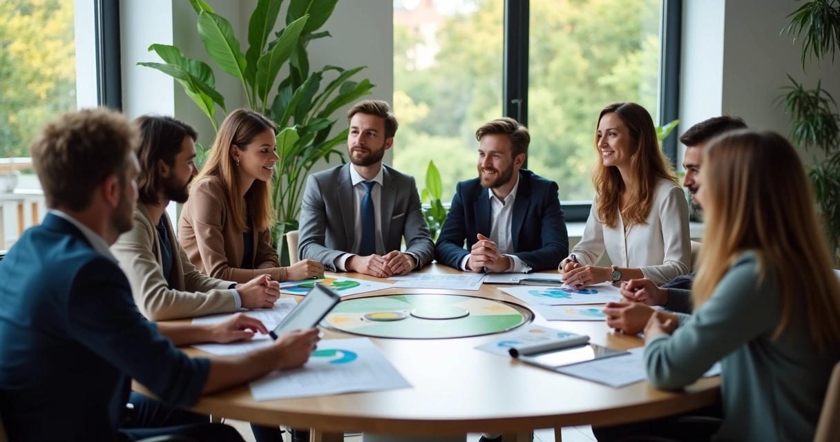 Equipe de trabalho diversa colaborando em ambiente de escritório moderno 