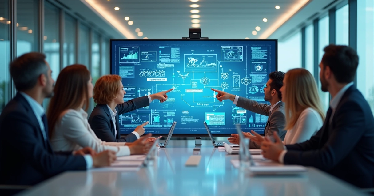 Equipe empresarial diversa analisando automação robótica 